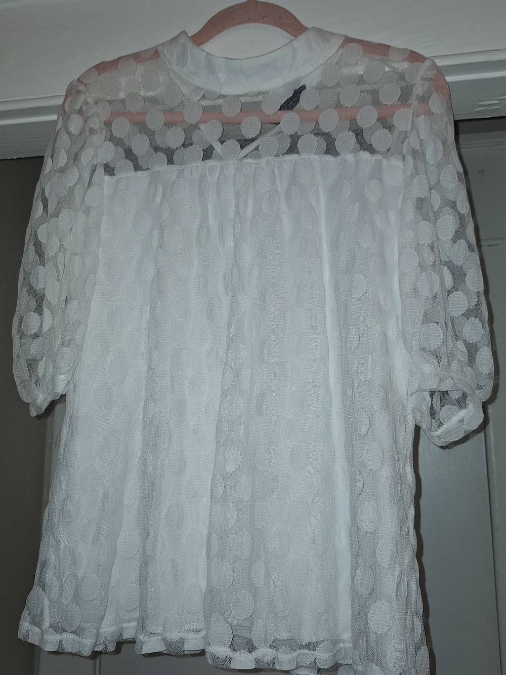 Women's White Polka Dot Sheer Blouse with High Neck